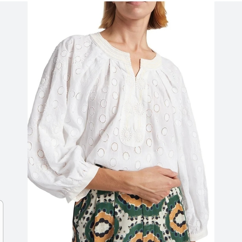 Figue Cristina Beaded Emroidered Cotton Peasant Top XXS Bust 36 - Picture 1 of 9